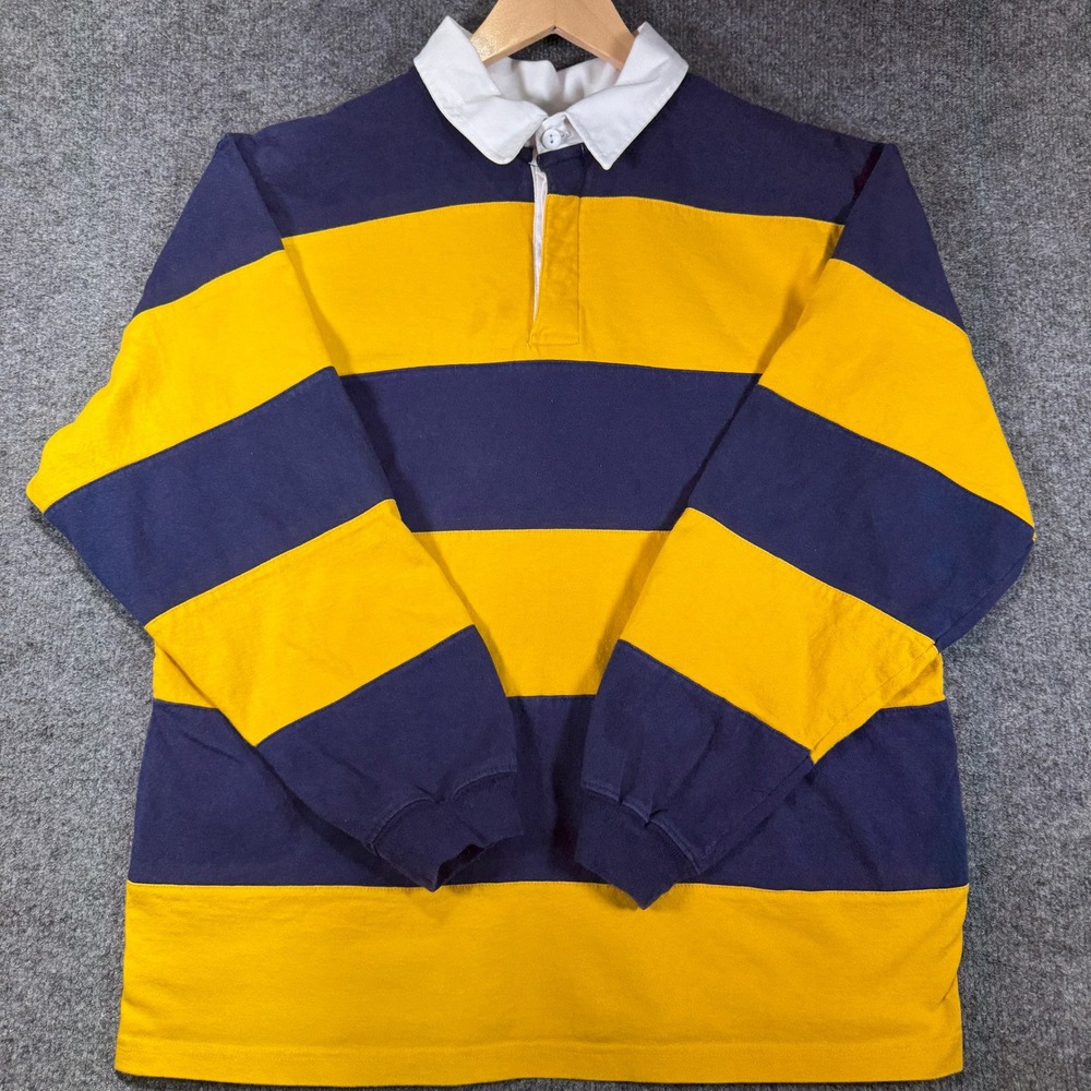 Basic Editions Striped Rugby Shirt Mens Large Yellow Blue Bumble Bee Vintage 90s